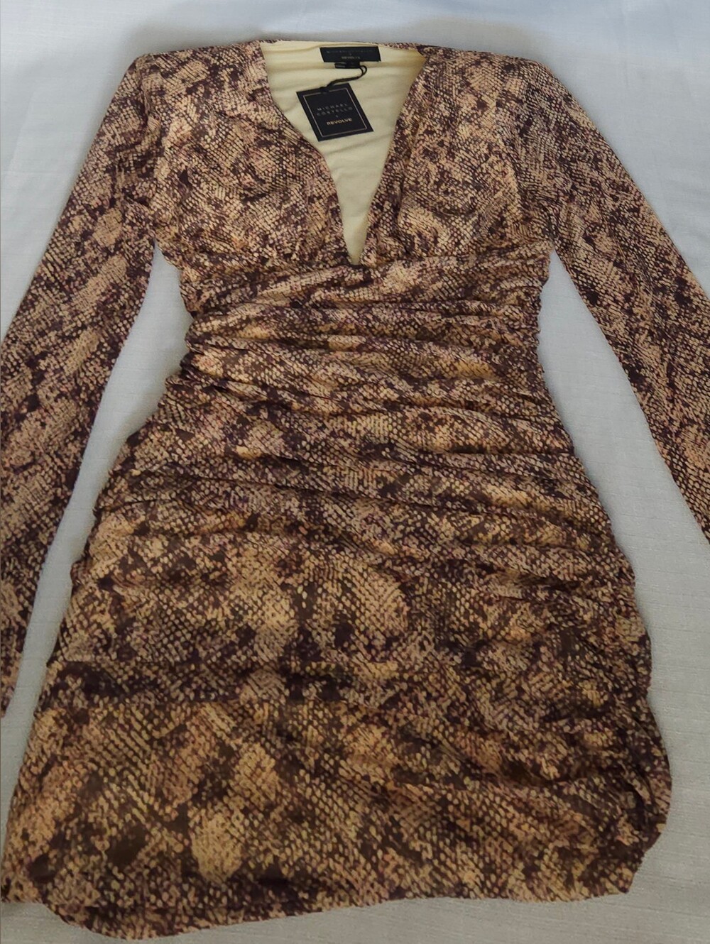 Michael Costello Brown Snake-Print Long Sleeve Ruched Dress